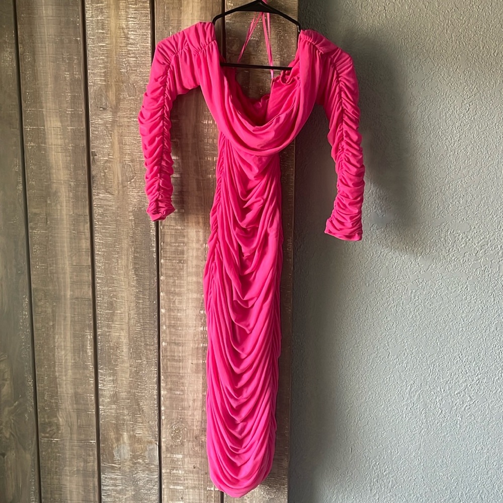 Pink off the shoulder rouched midi